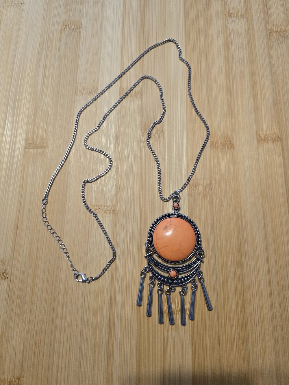 🧡 Rural Rustler Orange Stone Fringed Crescent Long Statement Necklace